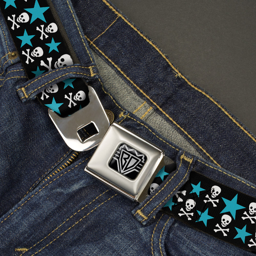 BD Wings Logo CLOSE-UP Full Color Black Silver Seatbelt Belt - Skulls & Stars Black/White/Blue Webbing