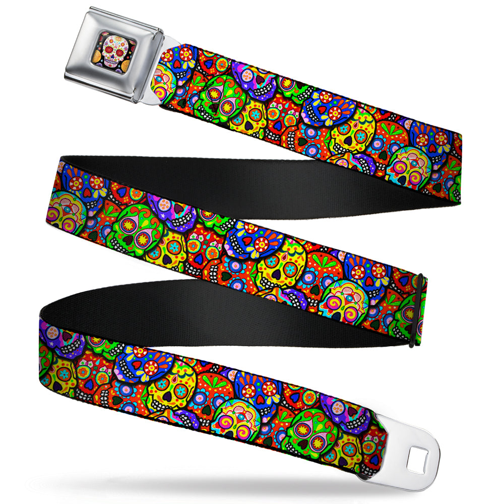 Sugar Skull Starburst Full Color Black/Multi Color Seatbelt Belt - Colorful Calaveras Stacked Multi Color Webbing