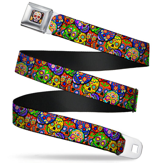 Sugar Skull Starburst Full Color Black/Multi Color Seatbelt Belt - Colorful Calaveras Stacked Multi Color Webbing