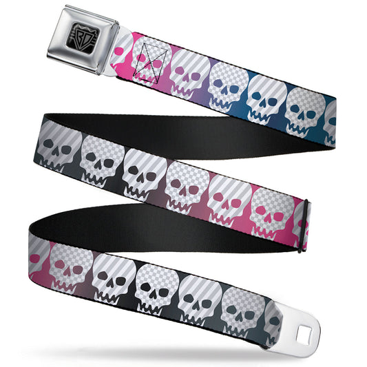 BD Wings Logo CLOSE-UP Full Color Black Silver Seatbelt Belt - Checker & Stripe Skulls Gradient Blue/Fuchsia Webbing