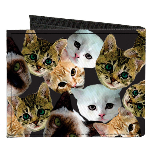 Canvas Bi-Fold Wallet - Kitten Faces Scattered Black