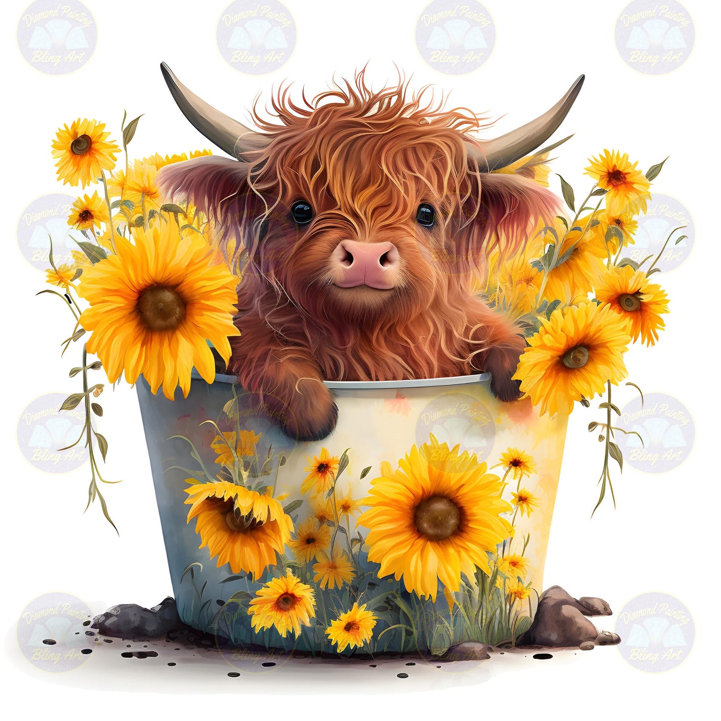 Baby Highland Cow with Sunflowers - Diamond Art kit