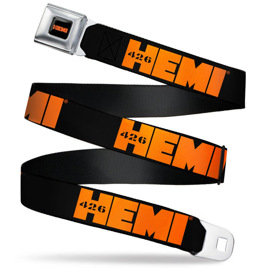 HEMI 426 Logo Full Color Black Orange Seatbelt Belt - HEMI 426 Logo Repeat Black/Orange Webbing