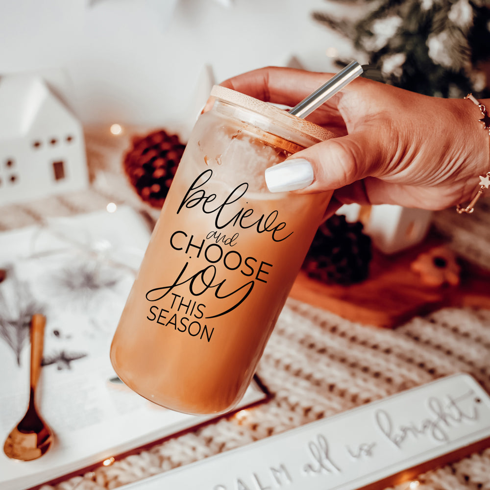 17oz Glass Tumbler With Bamboo Lid, 2 Steel Straws And Cleaner - Believe Joy