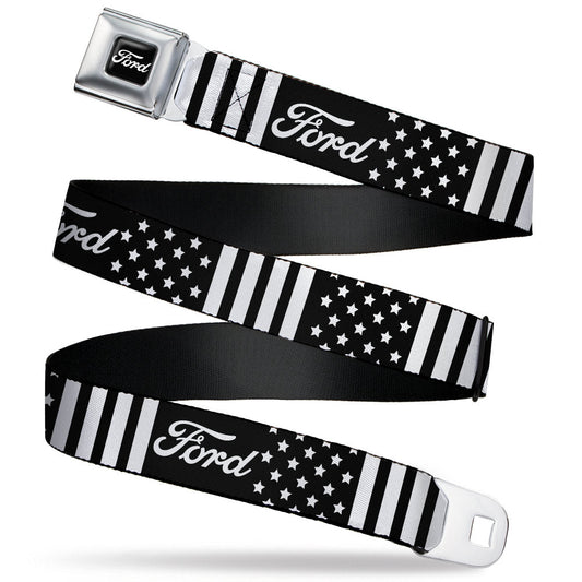 FORD Script Full Color Black/White Seatbelt Belt - FORD Script Americana Stars and Stripes Black/White Webbing