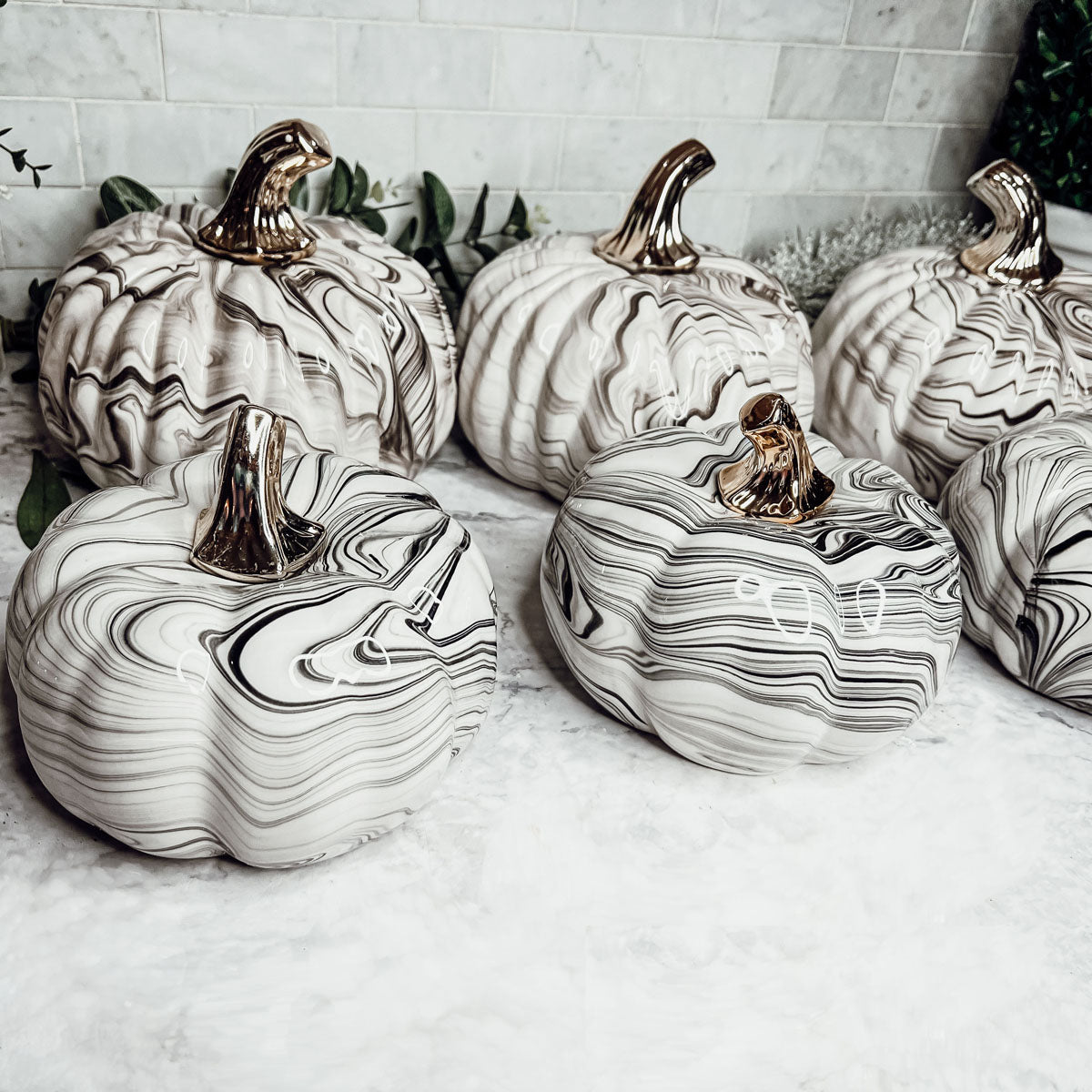 Black Marble Pumpkin Gold Stem Handcrafted Luxury Halloween Decor Accent