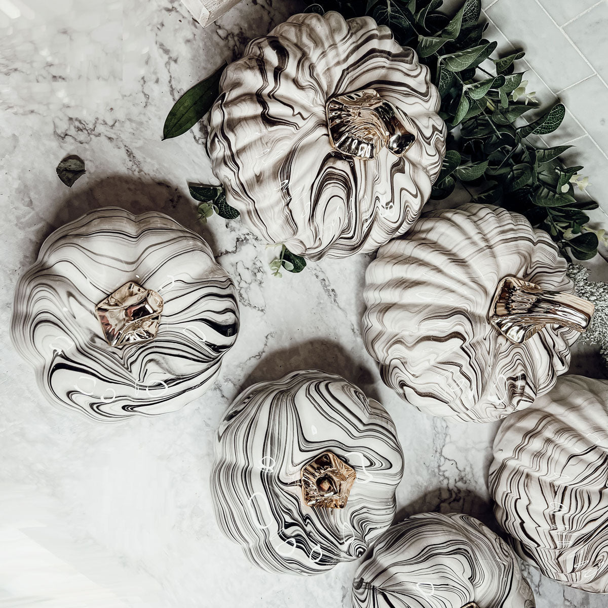 Black Marble Pumpkin Gold Stem Handcrafted Luxury Halloween Decor Accent