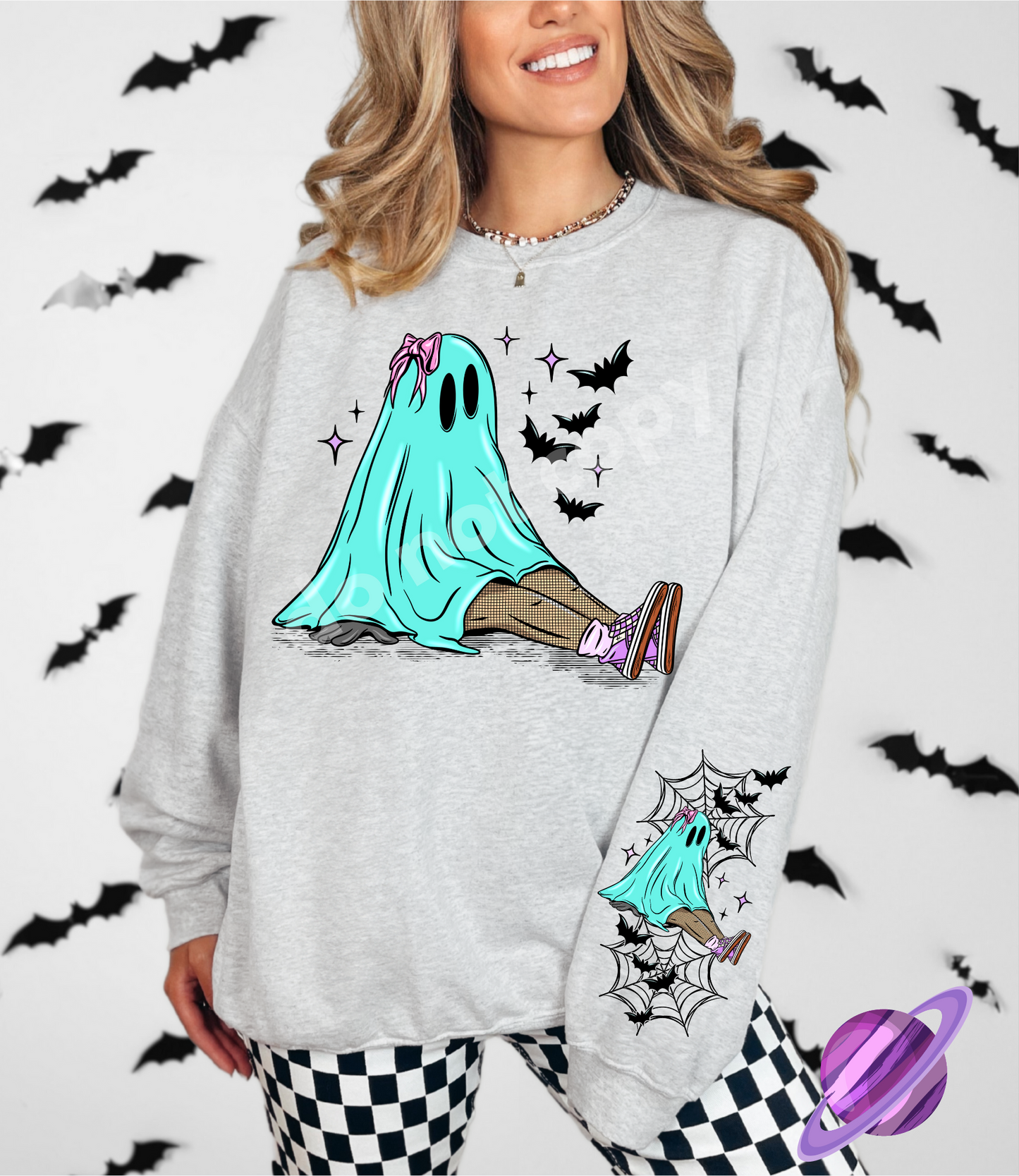 PASTEL BLUE GHOST GIRL - CREWNECK SWEATSHIRT  W/ SLEEVE PRINT