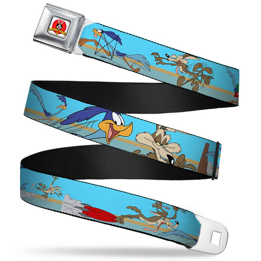 Looney Tunes Logo Full Color White Seatbelt Belt - Road Runner/Wile E. Coyote Scene2 Desert Webbing