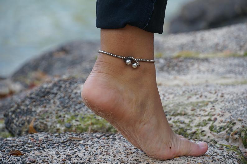 Boho Silver Dual Band Anklet For Women Beach Layered