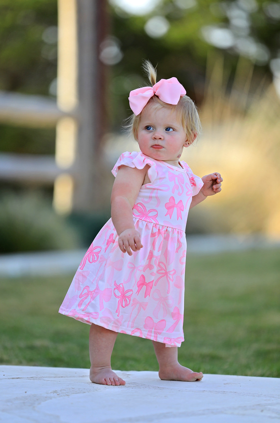 Bow Print Flying Sleeve Girls Dress