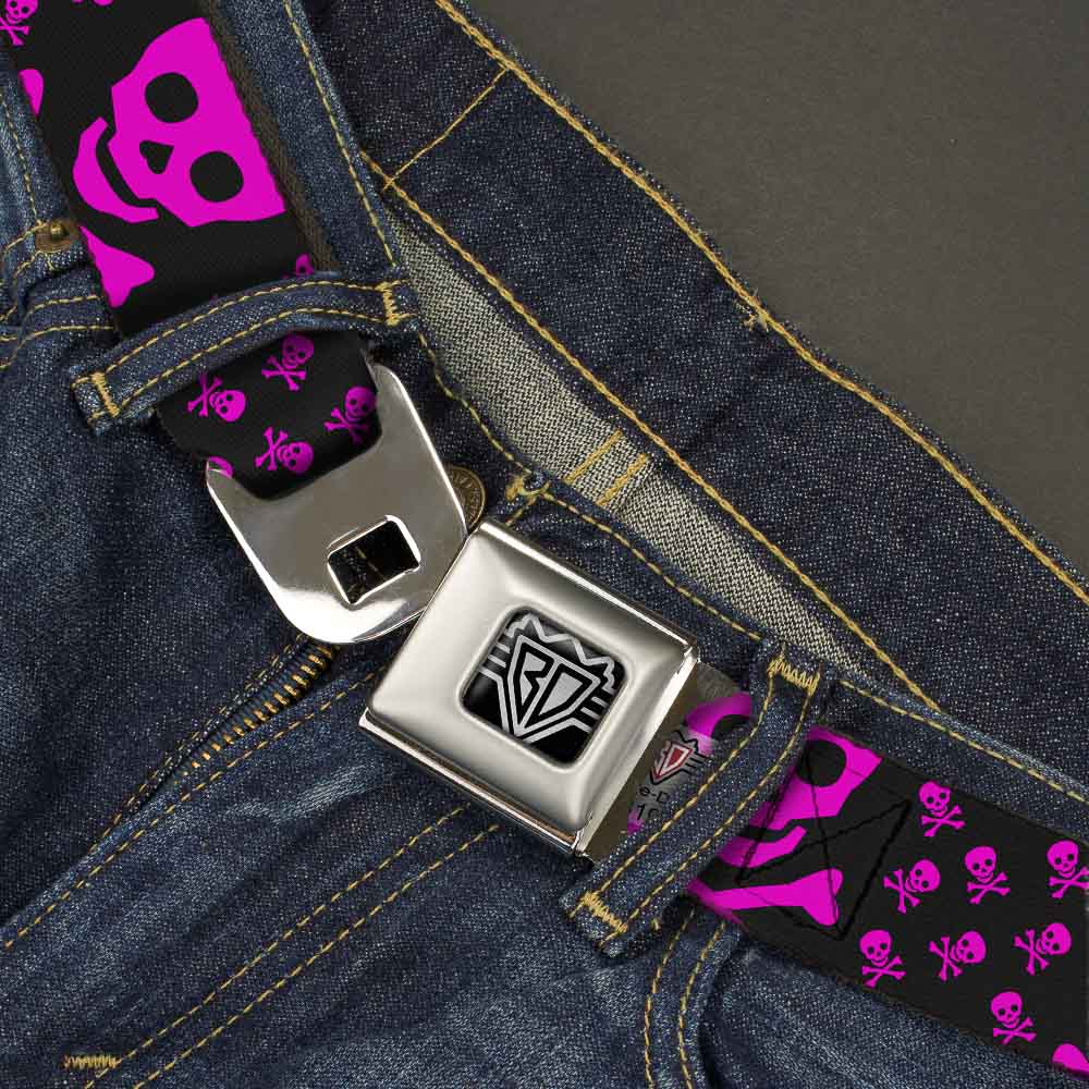 BD Wings Logo CLOSE-UP Full Color Black Silver Seatbelt Belt - Skull w/Babies Black/Fuchsia Webbing