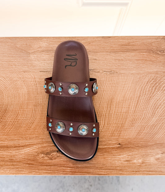 Briallen Western Studded Turquoise Sandal in Chocolate