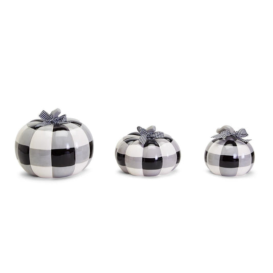 Buffalo Check Pumpkin Hand-Painted Black White Gingham Fall Halloween Decor