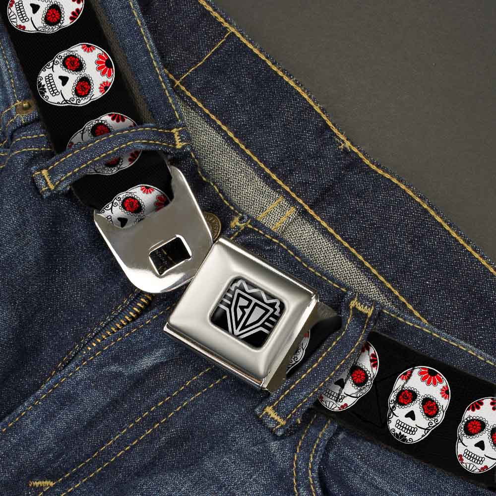 BD Wings Logo CLOSE-UP Full Color Black Silver Seatbelt Belt - Sugar Skulls Black/White/Red Webbing