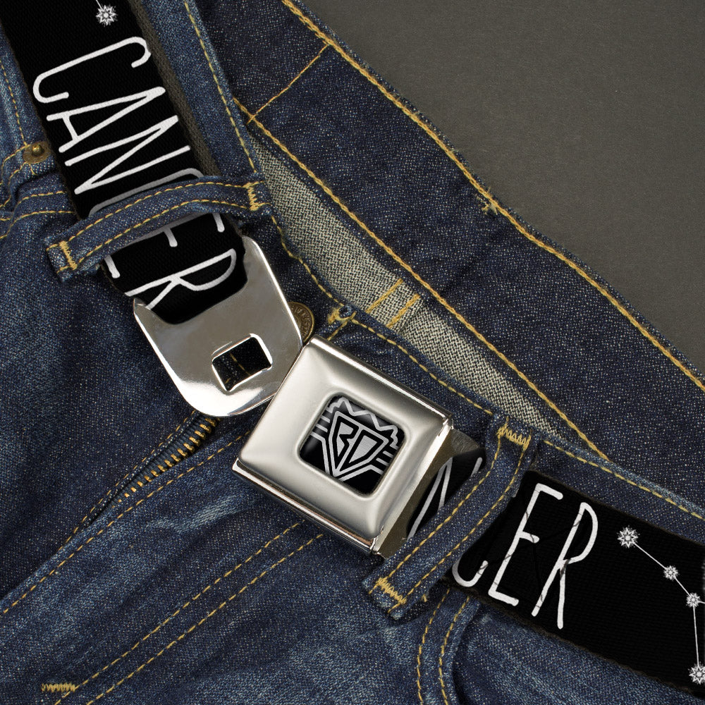 BD Wings Logo CLOSE-UP Full Color Black Silver Seatbelt Belt - Zodiac CANCER/Constellation Black/White Webbing