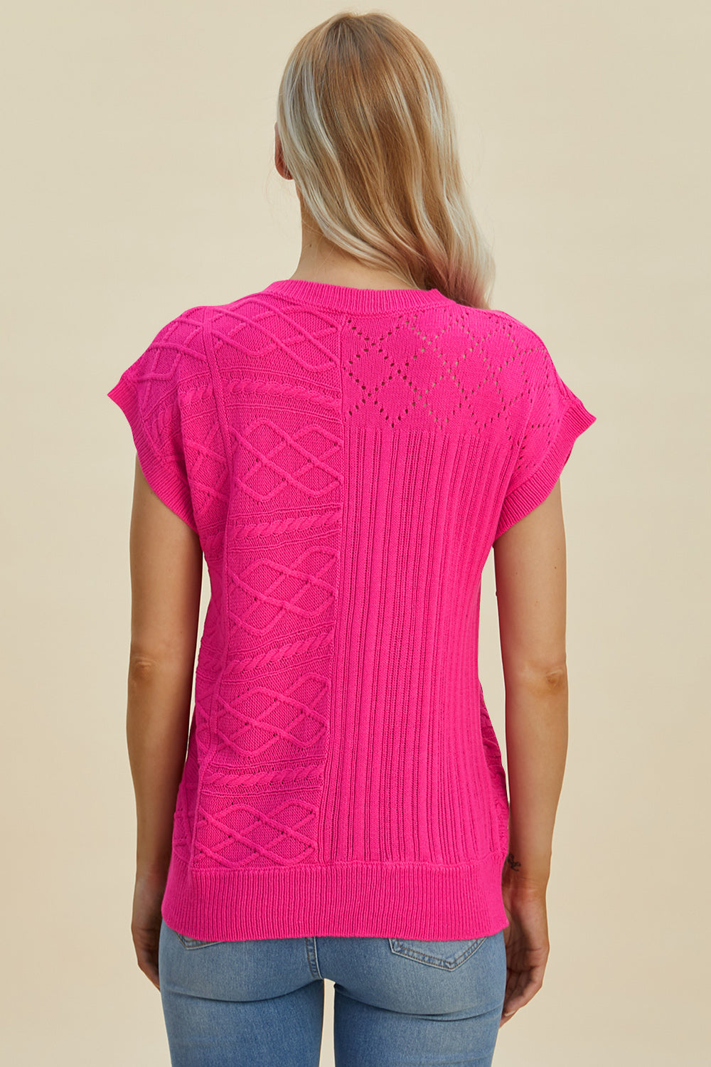 Double Take Cable-Knit Round Neck Cap Sleeve Sweater
