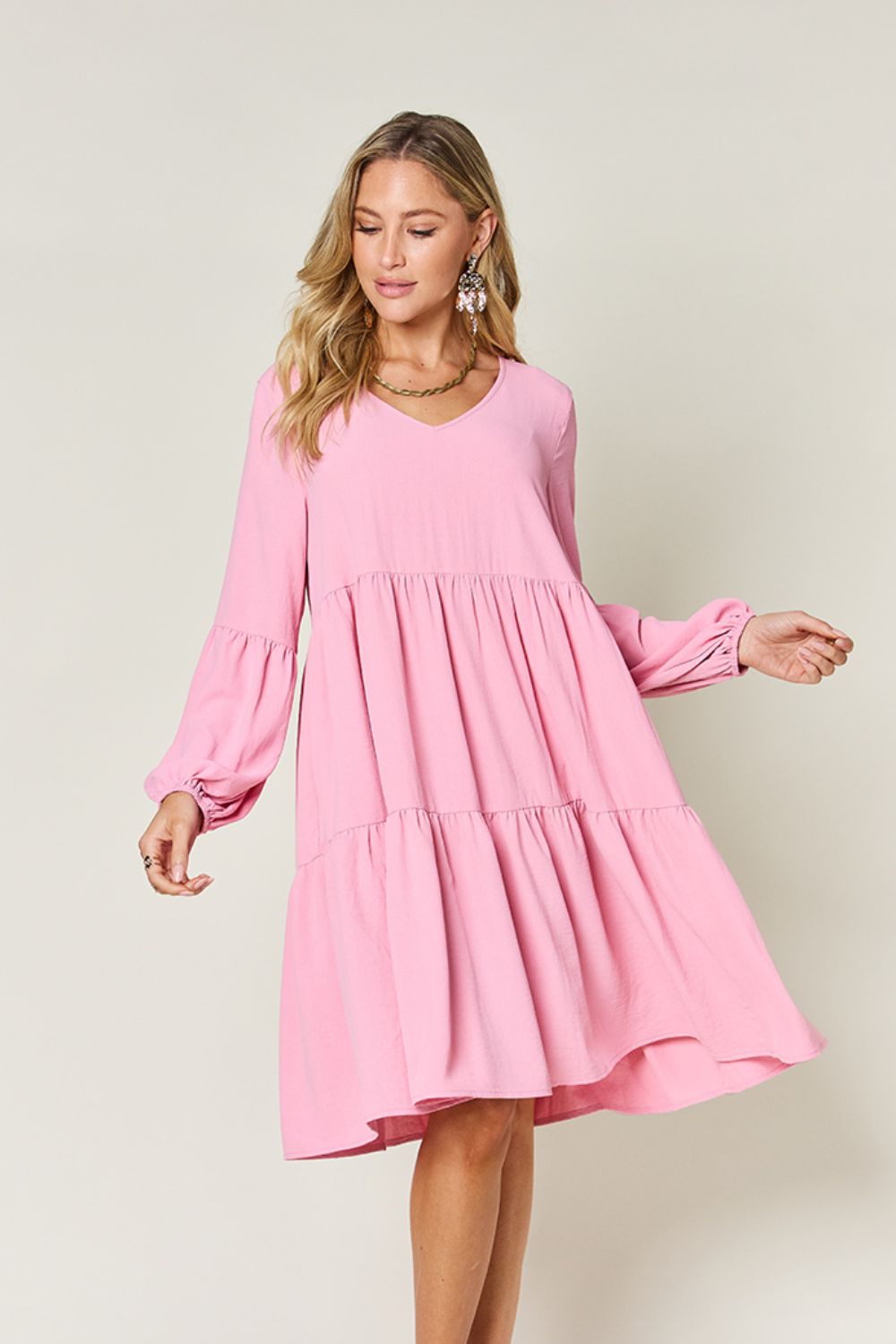 Double Take V-Neck Balloon Sleeve Tiered Dress