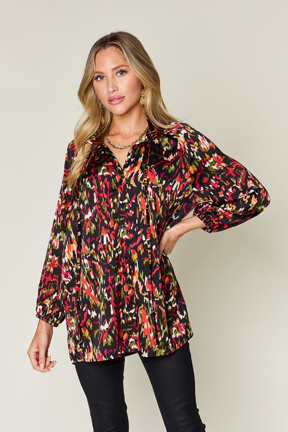 Double Take Printed Button Up Long Sleeve Shirt