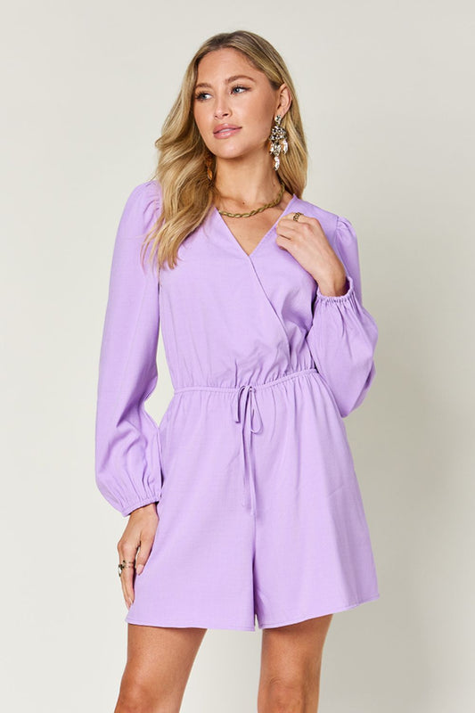 Double Take Drawstring Long Sleeve Romper