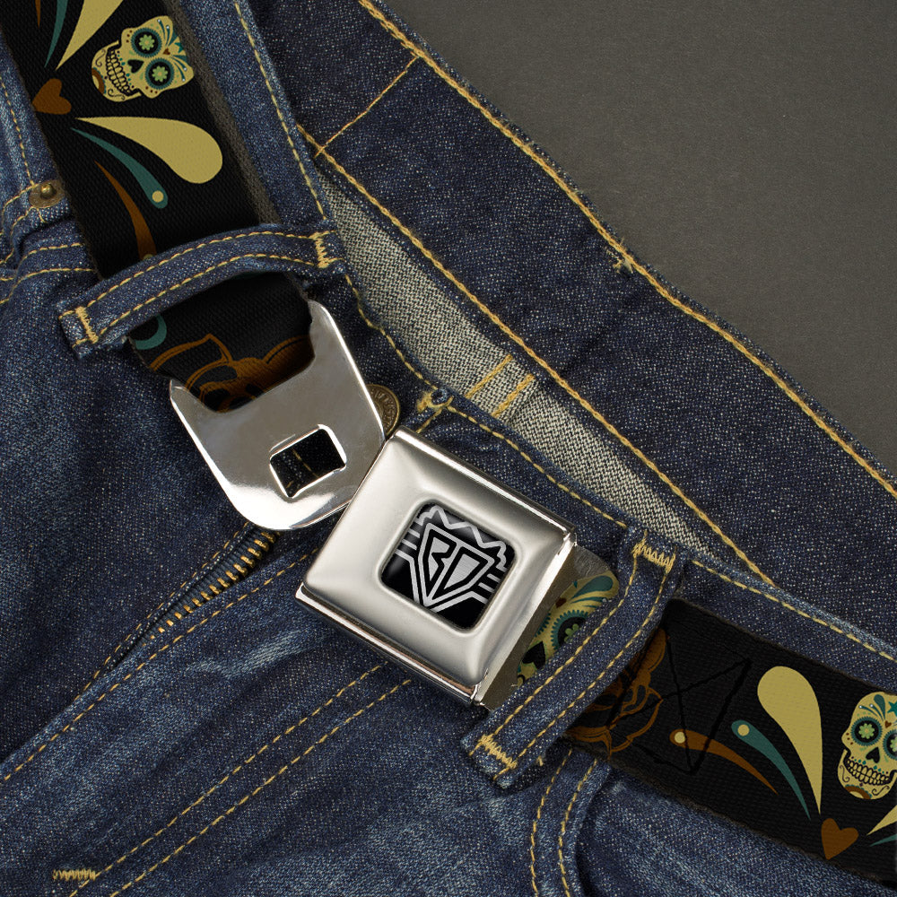 BD Wings Logo CLOSE-UP Full Color Black Silver Seatbelt Belt - Sugar Skulls Black/Olive/Burgundy Webbing
