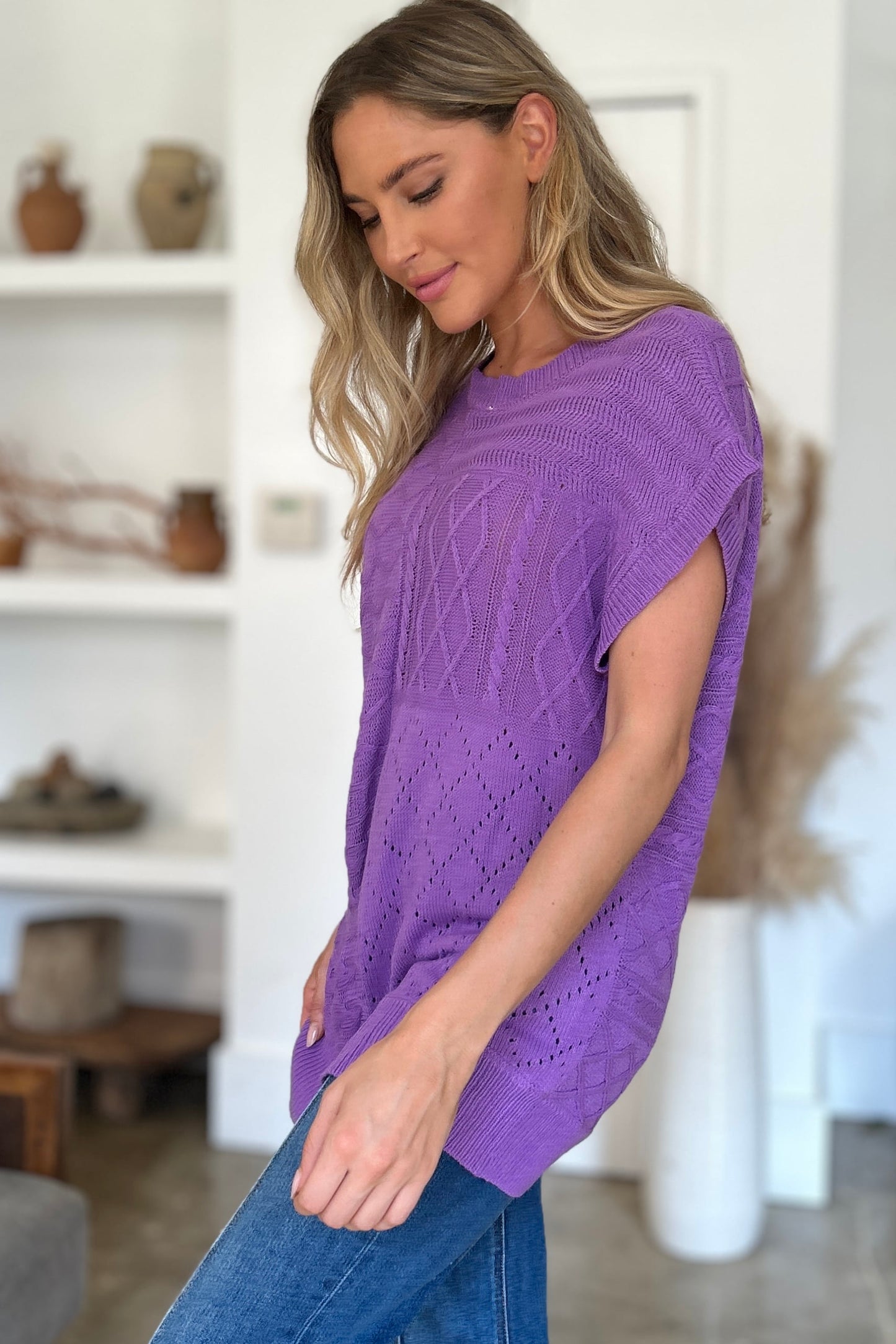 Double Take Cable-Knit Round Neck Cap Sleeve Sweater