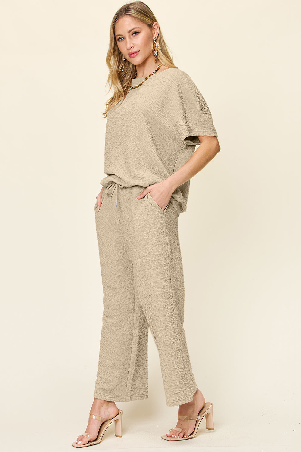 Double Take Texture Short Sleeve Top and Pants Set