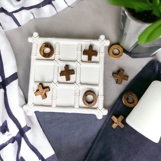 Ceramic Tic Tac Toe Game Faux Bamboo Board With Acacia Wood Pieces, Decor