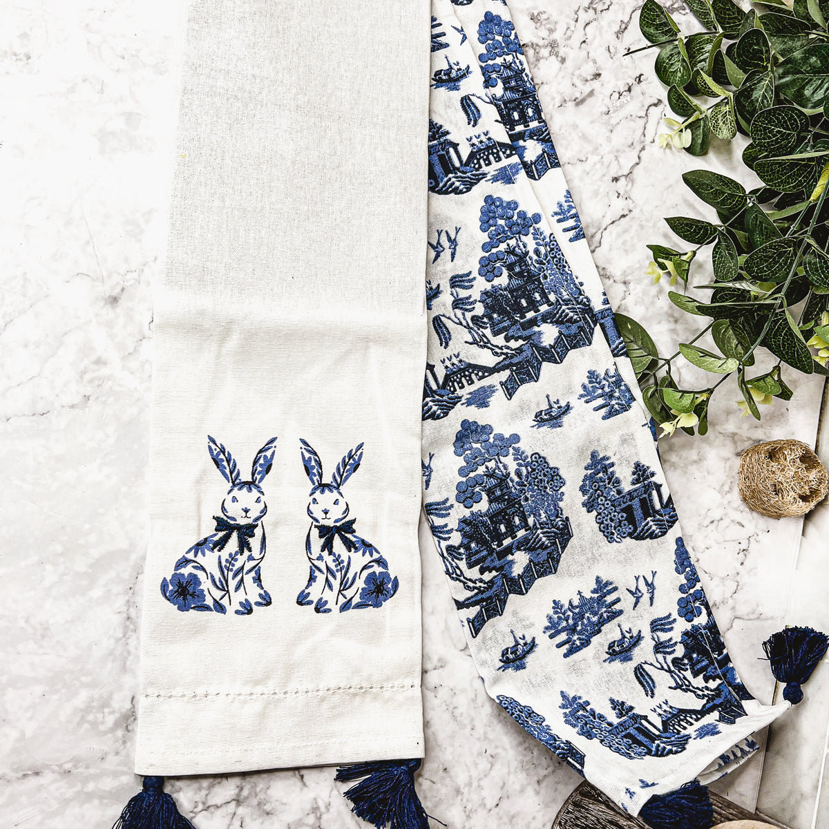 Chinoiserie Bunny Embroidered Cotton Dish Towels Oversized Tassel 17x29