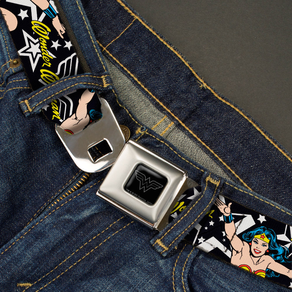 Wonder Woman Black Silver Seatbelt Belt - Wonder Woman/StarsÂ Black/White Webbing