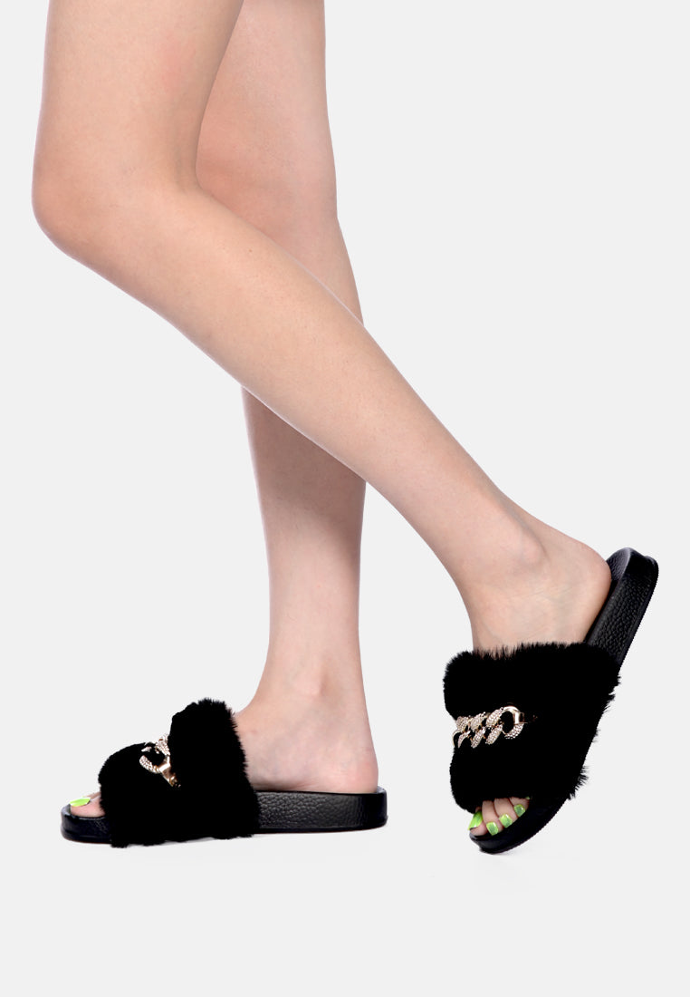 Chums Metal Chain Detail Fur Slides
