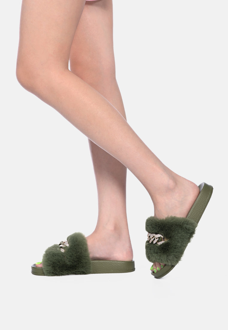 Chums Metal Chain Detail Fur Slides