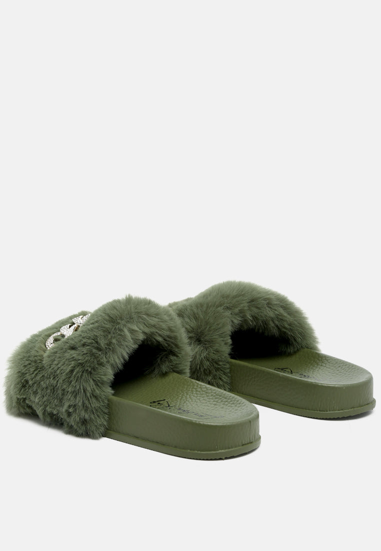 Chums Metal Chain Detail Fur Slides