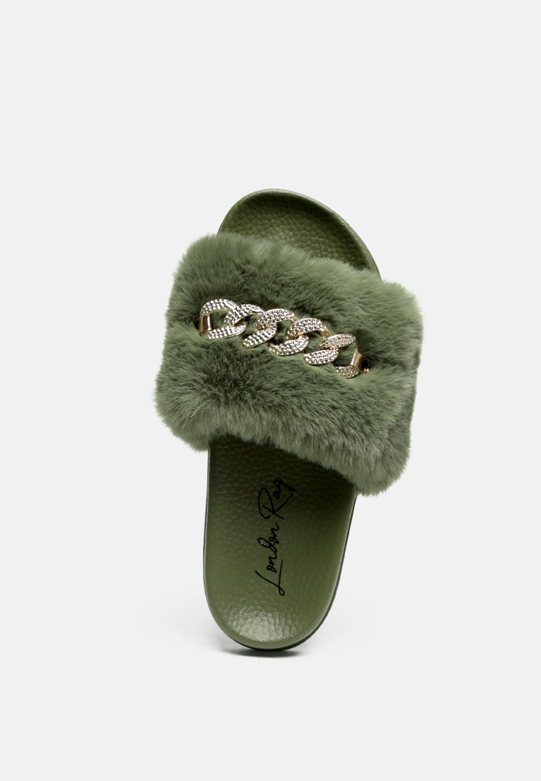 Chums Metal Chain Detail Fur Slides