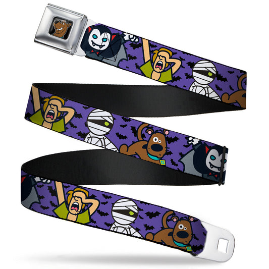 Scooby Doo Face Full Color Black Seatbelt Belt - Mini Scooby Doo Halloween/Bats Purple/Black Webbing