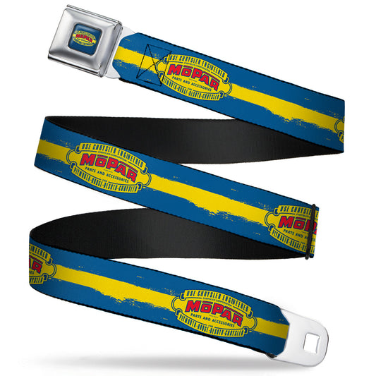 MOPAR 1937-1947 Logo Full Color Blue Yellow Red Seatbelt Belt - MOPAR 1937-1947 Logo-USE CHRYSLER ENGINEERED MOPAR PARTS AND ACCESSORIES/Paint Stripe Blue/Yellow/Red Webbing