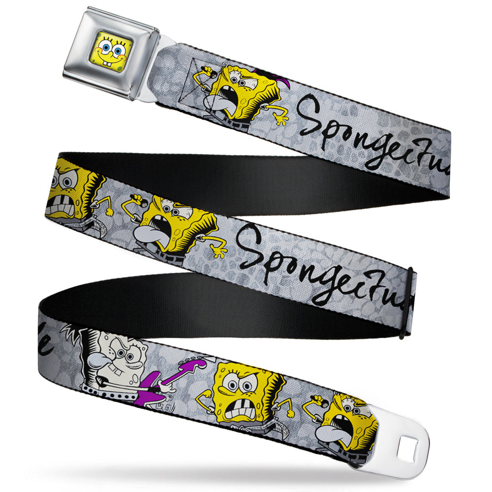 Sponge Bob Face CLOSE-UP Full Color Seatbelt Belt - SpongeBob 3-Poses SPONGEITUDE Grays/Black Webbing