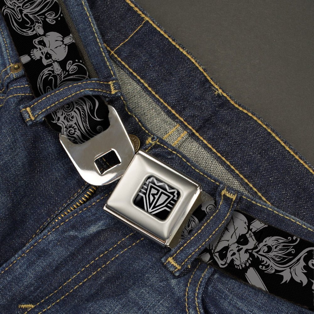 BD Wings Logo CLOSE-UP Full Color Black Silver Seatbelt Belt - Skull & Dagger w/Filigree Black/Gray Webbing