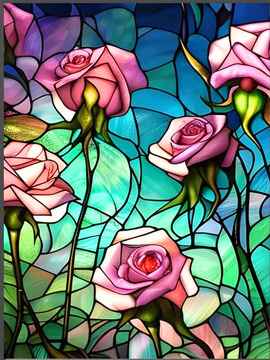 Pink Roses Stain Glass Crystal - Diamond Art kit