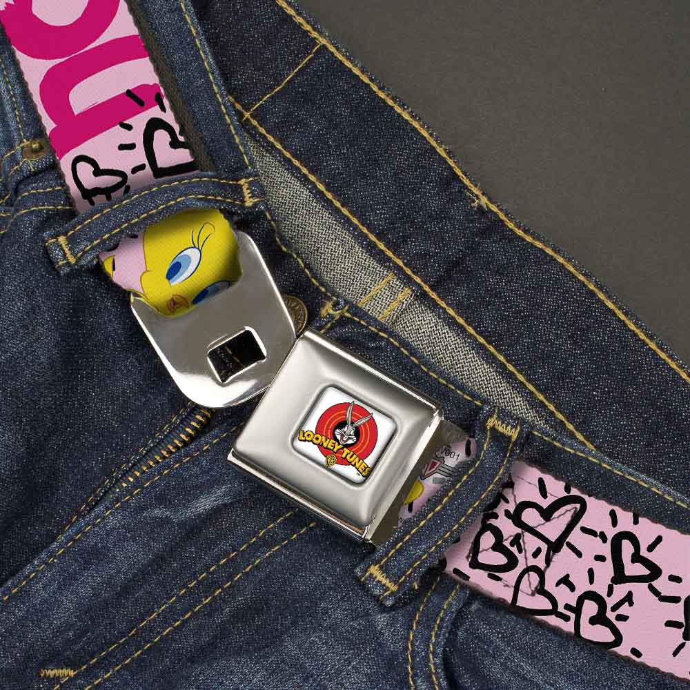 Looney Tunes Logo Full Color White Seatbelt Belt - Tweety Bird I LOVE YOU Pink/Black Webbing