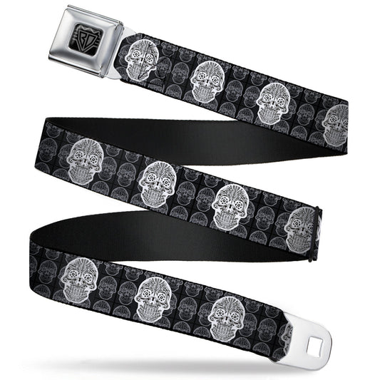 BD Wings Logo CLOSE-UP Full Color Black Silver Seatbelt Belt - Skull Candy Black/Gray/White Webbing