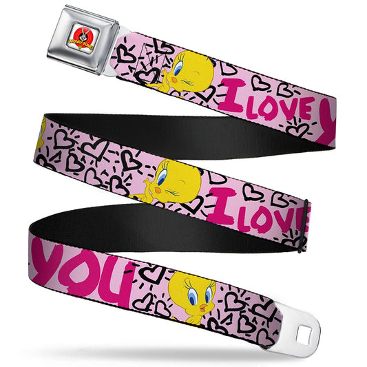 Looney Tunes Logo Full Color White Seatbelt Belt - Tweety Bird I LOVE YOU Pink/Black Webbing