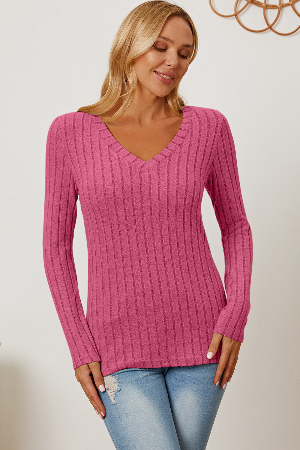 Basic Bae Ribbed V-Neck Long Sleeve T-Shirt