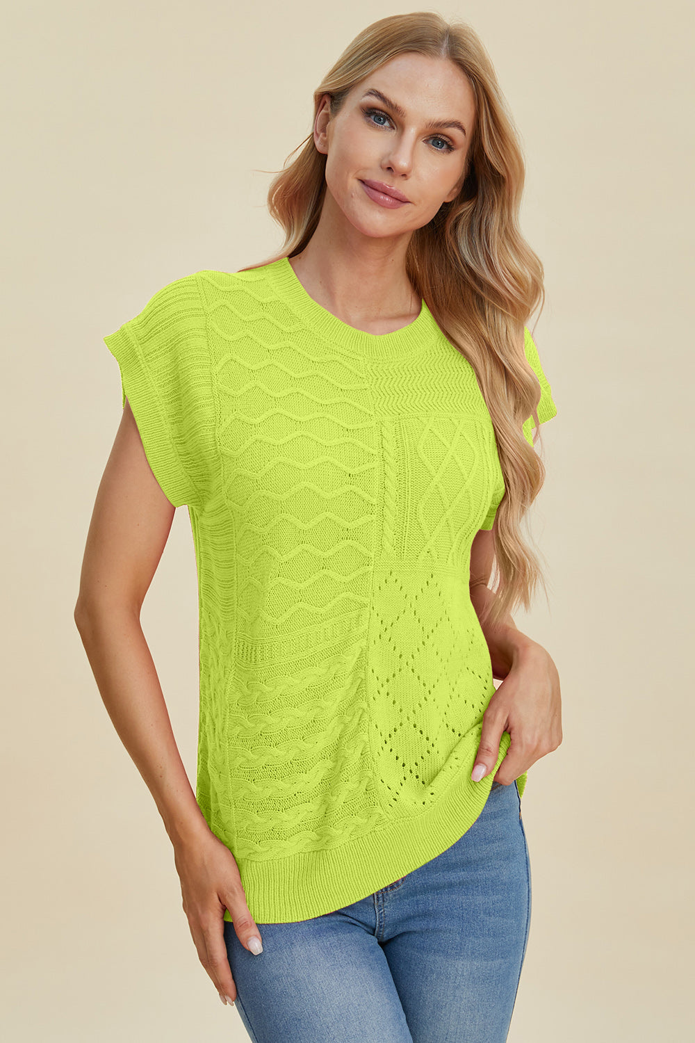 Double Take Cable-Knit Round Neck Cap Sleeve Sweater