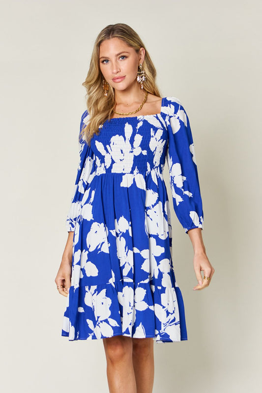 Double Take Floral Ruffle Hem Smocked Dress