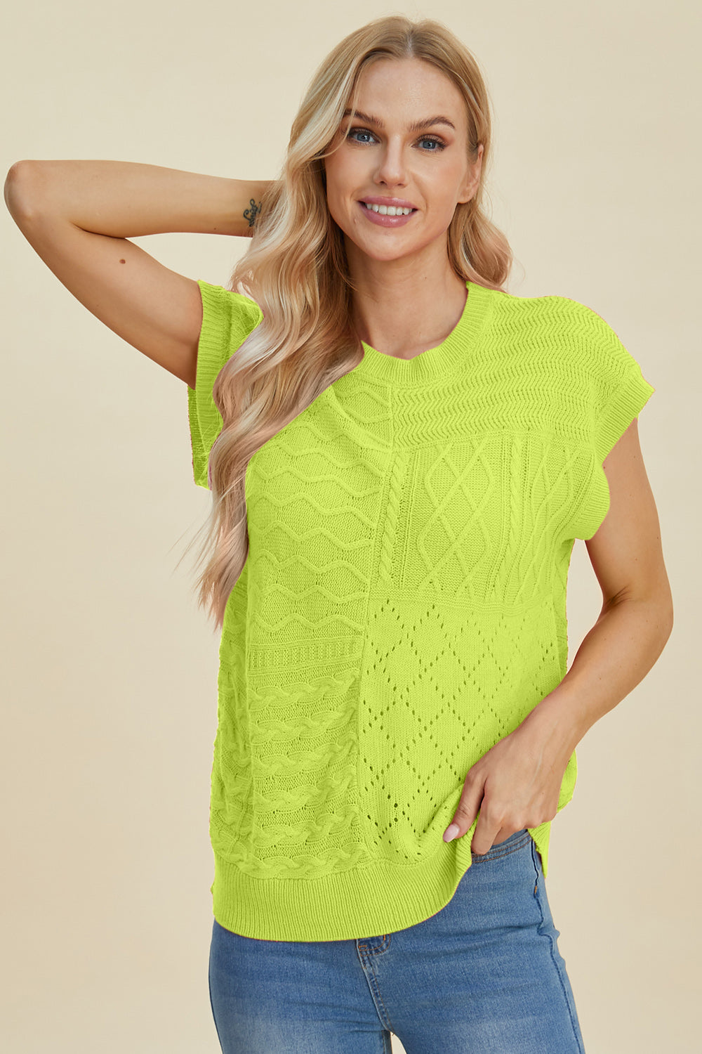 Double Take Cable-Knit Round Neck Cap Sleeve Sweater