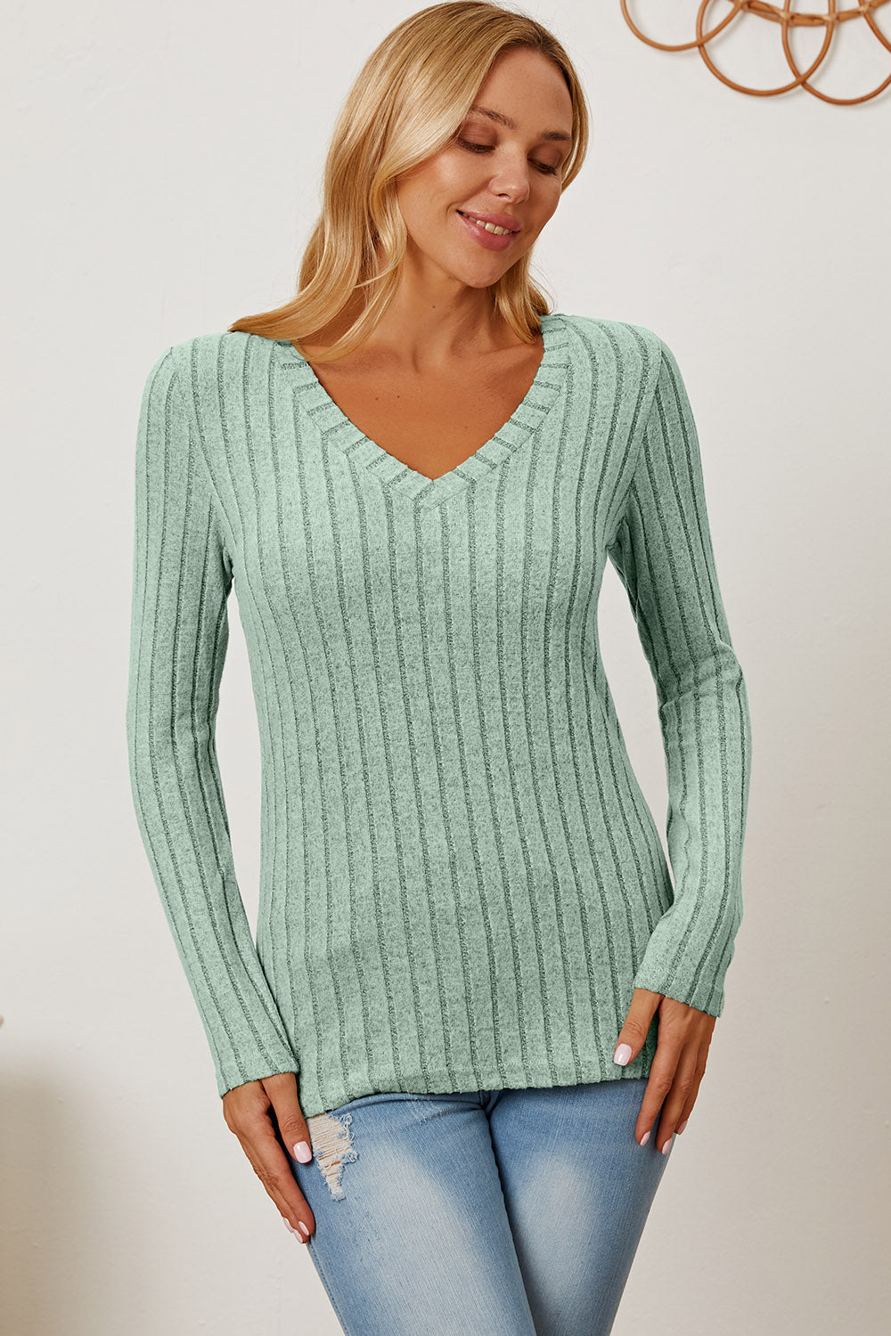 Basic Bae Ribbed V-Neck Long Sleeve T-Shirt