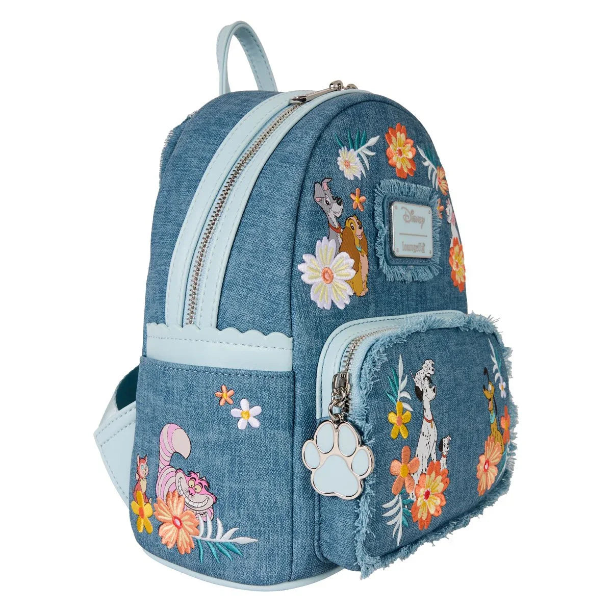 Loungefly Disney Dogs and Cats Denim Fringe Mini Backpack