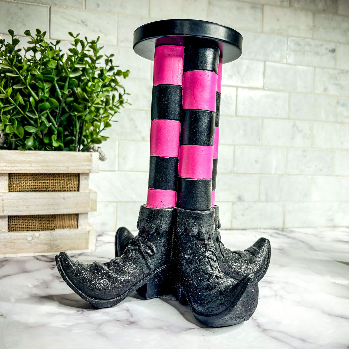 Witch Leg Pillar Candle Holder Halloween Decor Striped Boots Glitter