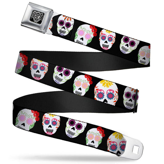 BD Wings Logo CLOSE-UP Full Color Black Silver Seatbelt Belt - Staggered Sugar Skulls Black/Multi Color Webbing